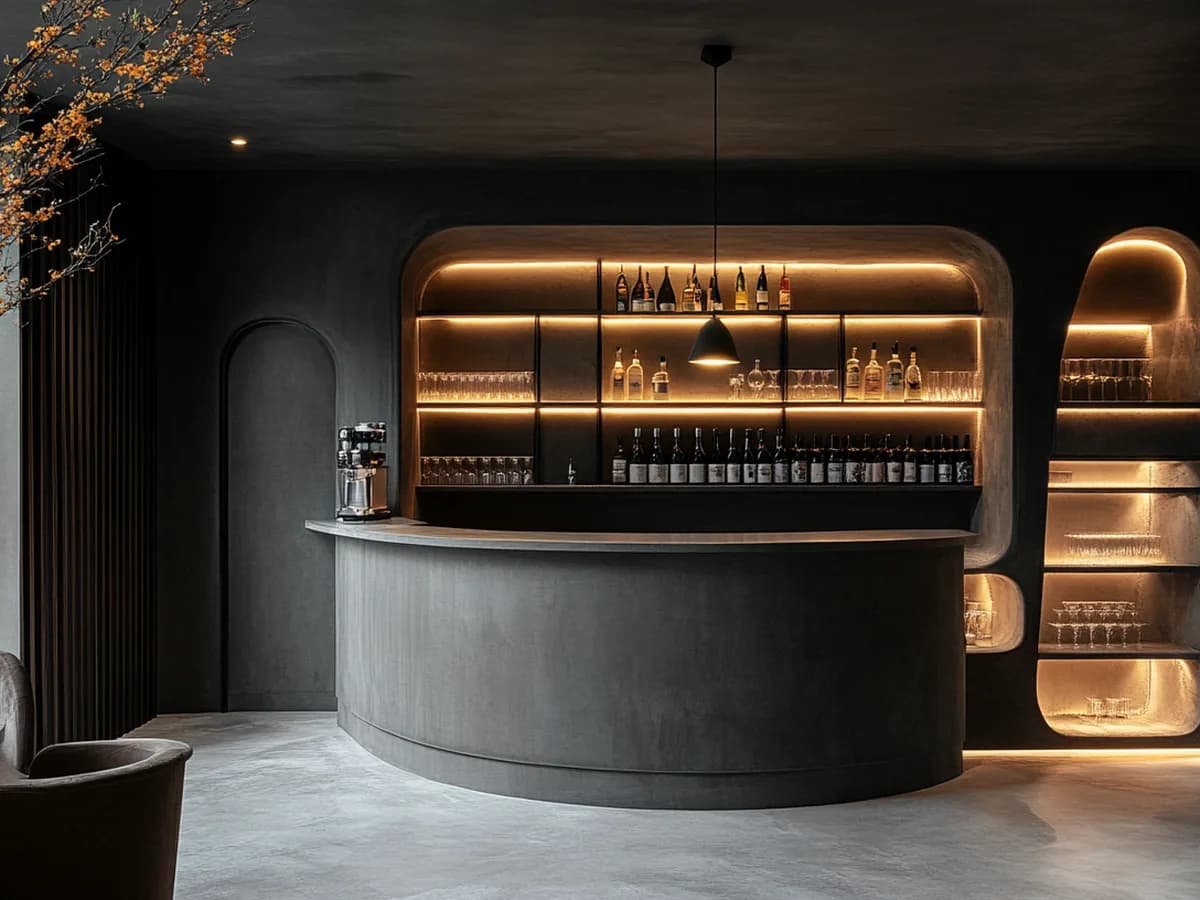 Hospitality interior with continuous cement-based surfaces