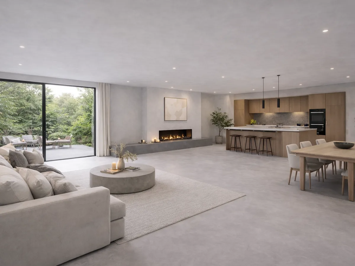 Open-plan interior with a continuous microcement floor